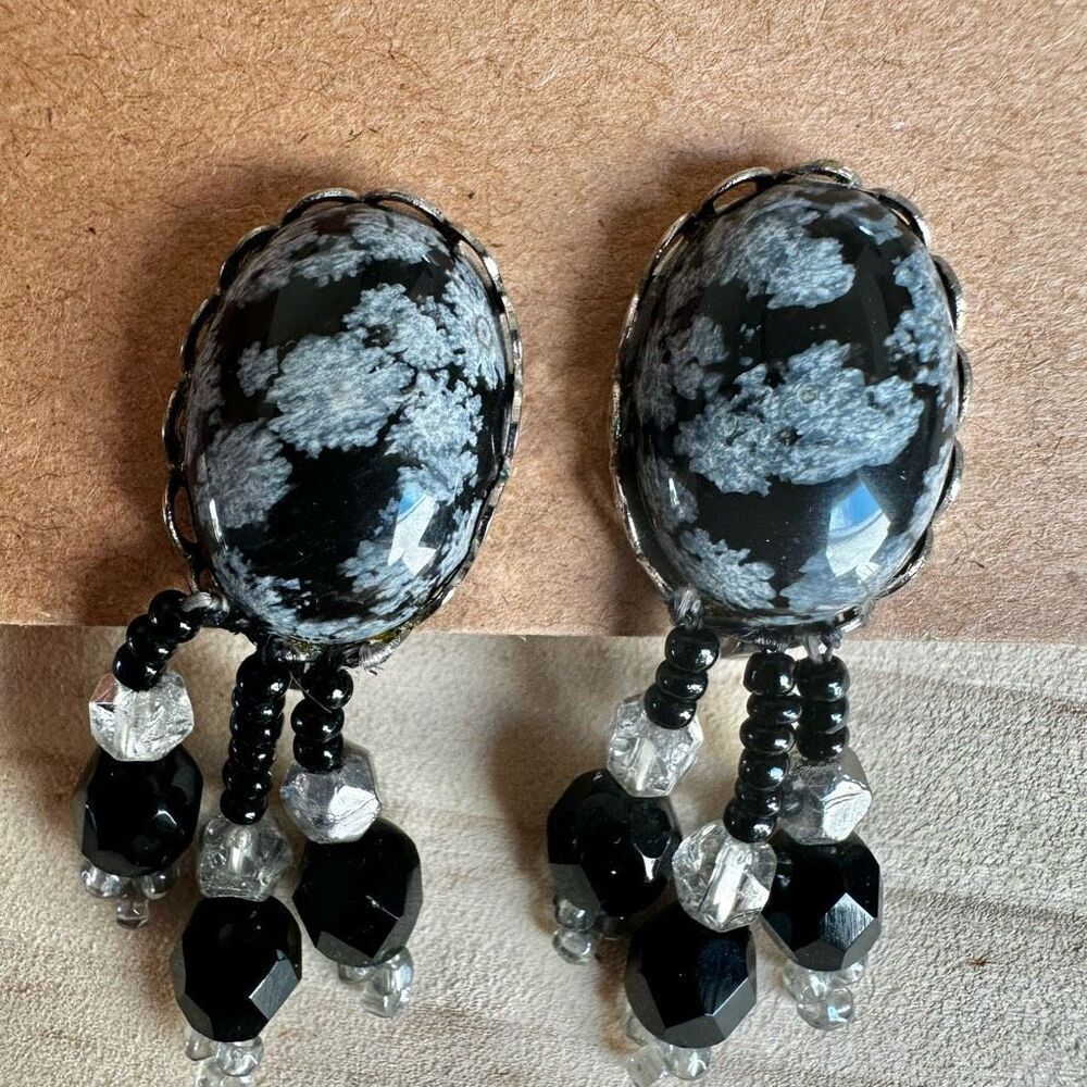 Vintage Snowflake Obsidian Clip-On Earrings